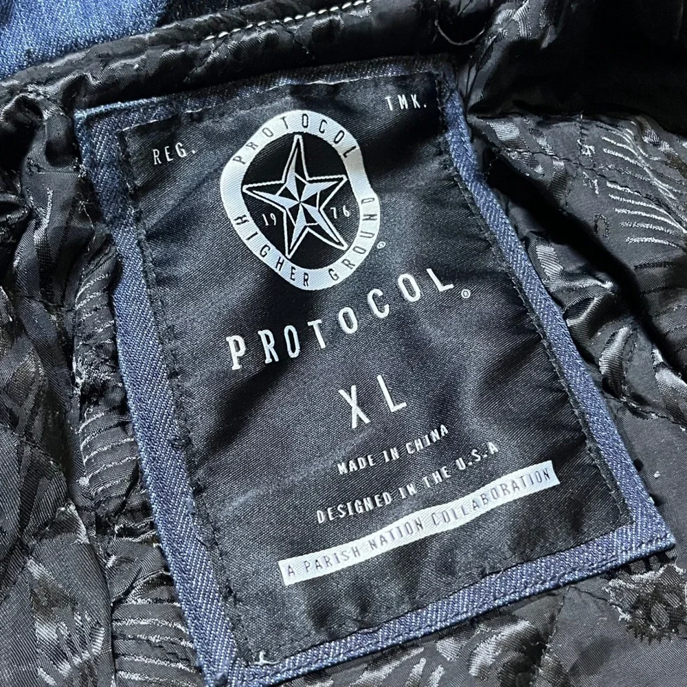 Protocol Motorcycle Jacket XL Blue Denim Black Leather Parish Nation Moto Biker‎
